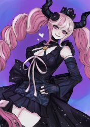Rule 34 | 1girl, black dress, black gloves, black horns, black nails, braid, breasts, cleavage, closed mouth, criss-cross halter, crown, demon horns, detached sleeves, dress, fingerless gloves, gloves, halterneck, hand on own hip, heart, highres, horns, knijla9geho6aoi, large breasts, long hair, looking at viewer, master detective archives: rain code, multicolored hair, nail polish, pink eyes, pink hair, ribbon, shinigami (rain code), smile, solo, standing, twin braids, two-tone hair, very long hair, white ribbon