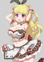 Rule 34 | 1girl, :d, armband, armpits, arms up, bare shoulders, blonde hair, blush, breasts, cleavage, collar, cowboy shot, crop top, curly hair, detached collar, drill hair, eyelashes, foot up, frilled armband, frilled shirt collar, frills, grey background, highres, kiratto pri chan, large breasts, layered skirt, long hair, looking at viewer, midriff, multicolored clothes, multicolored shirt, multicolored skirt, navel, open mouth, pleated skirt, pretty series, pripara, purple eyes, rabbit ears, rabbit pose, renoa yu, shirt, skirt, sleeveless, sleeveless shirt, smile, solo, two side up, white collar, yumekawa yui