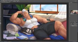Rule 34 | 1boy, abs, alternate pectoral size, artist request, bara, biceps, black shorts, blue male underwear, book, cat, clothes lift, controller, couch, covered erect nipples, dark-skinned male, dark skin, elbow rest, eyebrow cut, facial hair, feet out of frame, goatee, headphones, headphones around neck, highres, indie virtual youtuber, indoors, large pectorals, laurel crown, rai bolim, lying, male focus, male underwear, male underwear peek, mature male, midriff peek, muscular, muscular male, nipples, on back, on couch, one eye closed, paper, pectorals, remote control, scar, scar on face, scar on forehead, second-party source, shirt lift, short hair, shorts, sideburns, sidepec, smile, solo, sunlight, table, thick eyebrows, thick thighs, thighs, underwear, unfinished, virtual youtuber, white hair, window