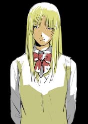Rule 34 | 1girl, artist request, black background, blonde hair, blue eyes, bow, breasts, great teacher onizuka, kanzaki urumi, long hair, long sleeves, looking at viewer, medium breasts, red bow, shirt, simple background, solo, source request, straight hair, vest, white shirt