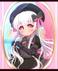 Rule 34 | 1girl, absurdres, beret, black bow, black dress, black gloves, black hat, blurry, blurry background, blush, bow, braid, braiding hair, closed mouth, curtains, depth of field, doll joints, dress, elbow gloves, fate/extra, fate (series), gloves, gothic lolita, hair between eyes, hairdressing, hat, highres, joints, letterboxed, lolita fashion, long hair, looking at viewer, mirror, nursery rhyme (fate), pink eyes, puffy short sleeves, puffy sleeves, reflection, short sleeves, solo, striped, striped bow, twitter username, very long hair, white hair, yuya090602