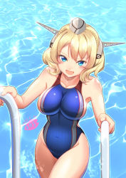 Rule 34 | 1girl, :d, artist name, blonde hair, blue eyes, blue one-piece swimsuit, blush, breasts, collarbone, colorado (kancolle), competition swimsuit, covered erect nipples, cowboy shot, dated, garrison cap, grey hat, hat, headgear, kantai collection, large breasts, moke ro, one-piece swimsuit, open mouth, pool, short hair, signature, smile, solo, sparkle, swimsuit, water