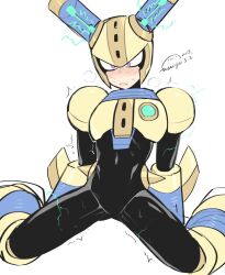 Rule 34 | 1boy, android, armor, black bodysuit, blush, bodysuit, breastplate, commentary request, covered navel, electricity, feet out of frame, fuse, fuse man, gloves, heavy breathing, helmet, highres, joints, legs apart, male focus, mega man (classic), mega man (series), mega man 11, parted lips, purple eyes, robot, robot joints, shoulder armor, simple background, sitting, solo, solo focus, spread legs, sweat, sweatdrop, trembling, vambraces, wariza, wenyu, white background, yellow armor, yellow headwear