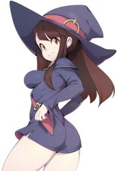 Rule 34 | 1girl, ass, breasts, brown hair, dress, from behind, hat, highres, kagari atsuko, large breasts, little witch academia, long hair, looking at viewer, looking back, red eyes, shiny clothes, short dress, sideboob, simple background, skin tight, skirt, slugbox, smile, solo, white background, witch hat