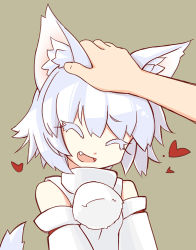 Rule 34 | 1girl, animal ears, bare shoulders, begonia, closed eyes, colored eyelashes, detached sleeves, fang, grey background, happy, head pat, headpat, heart, inubashiri momiji, open mouth, pom pom (clothes), ribbon-trimmed sleeves, ribbon trim, silver hair, simple background, solo, solo focus, tail, touhou, wolf ears, wolf tail