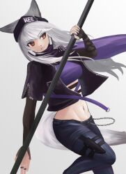 Rule 34 | 1girl, animal ears, arknights, beanie, black jacket, black pants, breasts, clothes writing, crop top, ears through headwear, fox ears, fox girl, fox tail, frostleaf (arknights), frostleaf (breaking the ice) (arknights), grey background, grey hair, hat, highres, holding, holding polearm, holding weapon, jacket, long hair, medium breasts, midriff, navel, official alternate costume, pants, parted lips, polearm, purple shirt, red eyes, shirt, simple background, smile, solo, superbeek4, tail, weapon