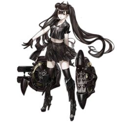 Rule 34 | 1girl, arm behind back, armor, armored boots, black eyes, black footwear, black gloves, black hair, black serafuku, black shirt, black skirt, black thighhighs, boots, bow, bowtie, breasts, collarbone, crop top, floating hair, full body, girls&#039; frontline, gloves, hair bun, high heel boots, high heels, horns, infukun, knee boots, long hair, looking at viewer, medium breasts, midriff, miniskirt, navel, official art, open hands, ouroboros (girls&#039; frontline), pale skin, parted lips, platform boots, platform footwear, platform heels, pleated skirt, sangvis ferri, school uniform, serafuku, shirt, short sleeves, simple background, single hair bun, skirt, smile, solo, standing, thighhighs, transparent background, twintails, v-shaped eyebrows, very long hair, weapon, white bow, white bowtie, zettai ryouiki