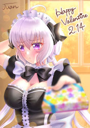 Rule 34 | 1girl, absurdres, ahoge, alternate costume, averting eyes, back bow, black bow, black bowtie, black shirt, blurry, blurry foreground, blush, bow, bowtie, box, breasts, cleavage, collar, detached collar, embarrassed, enmaided, floating hair, gift, gift box, hair between eyes, hair bow, hand in own hair, happy valentine, highres, holding, holding box, indoors, juan 0121, large breasts, long hair, maid, maid headdress, purple eyes, senki zesshou symphogear, shirt, short sleeves, silver hair, solo, twintails, upper body, valentine, very long hair, white bow, white collar, wing collar, yukine chris