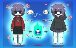 Rule 34 | ..., 1boy, 1girl, :d, arrow (symbol), black hoodie, black shorts, black skirt, blue background, blue fire, blush, closed mouth, collared shirt, commentary request, dissolving, dress shirt, dual persona, english text, fang, fire, grey eyes, grey necktie, heart, highres, hood, hood down, hoodie, long sleeves, necktie, notice lines, open mouth, original, pale skin, pleated skirt, print necktie, puffy long sleeves, puffy sleeves, purple hair, red shirt, shadow, shirt, shorts, skirt, skull print, sleeves past wrists, smile, spoken ellipsis, suspender shorts, suspenders, uni souchou