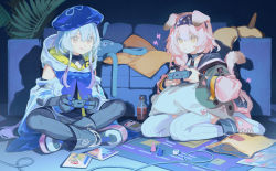 Rule 34 | 1boy, 1girl, animal ears, arknights, bag of chips, beret, black collar, black footwear, black gloves, black pantyhose, black shirt, blinking, blue cloak, blue hair, blue headwear, bottle, cat ears, cat girl, cat tail, chips (food), cloak, closed mouth, collar, commentary, controller, couch, creator connection, elbow gloves, english commentary, favilia, food, game boy, game boy (original), gloves, goldenglow (arknights), hair between eyes, handheld game console, hat, highres, holding, holding controller, hood, hood down, hooded cloak, indian style, indoors, mizuki (arknights), nintendo switch pro controller, on floor, pantyhose, pink eyes, pink footwear, pink hair, playing games, potato chips, red eyes, shirt, shoes, short hair with long locks, side ponytail, sidelocks, sitting, sneakers, stuffed jellyfish, tail, thighhighs, tongue, tongue out, trap, white cloak, white thighhighs, yellow eyes