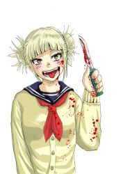 Rule 34 | 10s, 1girl, artist request, blonde hair, blood, blood on clothes, blood on face, blunt bangs, blush, boku no hero academia, cardigan, double bun, fangs, hair bun, knife, messy hair, open mouth, school uniform, serafuku, simple background, smile, solo, toga himiko, tongue, upper body, weapon, yellow eyes