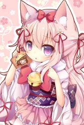 Rule 34 | 1girl, animal ears, azur lane, bell, blush, bow, cat ears, chestnut mouth, commentary request, ema, fur collar, hair between eyes, hair bow, hair ribbon, japanese clothes, jingle bell, kimono, kisaragi (azur lane), kisaragi (new year&#039;s wish) (azur lane), long hair, long sleeves, looking at viewer, mutsuki (azur lane), obi, one side up, outline, parted lips, pink background, pink hair, pink kimono, pink skirt, purple eyes, red bow, red ribbon, ribbon, sash, short kimono, skirt, solo, very long hair, white outline, wide sleeves, yukiyuki 441