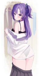 Rule 34 | 1girl, absurdres, ass, black bra, black skirt, blue archive, bra, breasts, commentary, highres, horo 27, long hair, long sleeves, looking at viewer, medium breasts, no halo, pleated skirt, purple eyes, purple hair, shirt, skirt, solo, two side up, underwear, white shirt, yuuka (blue archive)