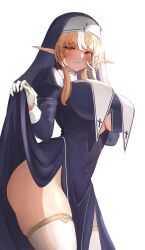 Rule 34 | 1girl, absurdres, blonde hair, blush, breasts, clothes lift, commentary, covered navel, cowboy shot, dress, dress lift, elf, gloves, habit, highres, hololive, houshou marine, houshou marine (nun), large breasts, long sleeves, looking at viewer, maison de cante, no panties, nun, orange eyes, pointy ears, shiranui flare, simple background, skindentation, smile, solo, thighhighs, virtual youtuber, white background