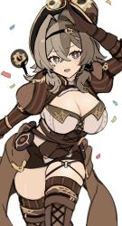 Rule 34 | 1girl, arm up, awe (adorableduckyy), black hairband, boots, braid, breasts, brown footwear, brown gloves, brown hair, brown headwear, brown shorts, cleavage, commentary request, confetti, gears, gloves, grey eyes, hair between eyes, hair intakes, hairband, highres, honkai (series), honkai impact 3rd, juliet sleeves, korean commentary, large breasts, long sleeves, puffy sleeves, short shorts, shorts, shrug (clothing), simple background, solo, thigh boots, vill-v, white background