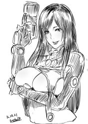 Rule 34 | 10s, 1girl, 2016, areola slip, black hair, breasts, butcha-u, dated, gantz, gun, large breasts, long hair, looking at viewer, monochrome, simple background, sketch, smile, solo, weapon, white background