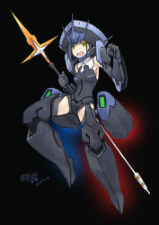 Rule 34 | 10s, 1girl, armor, bare shoulders, black armor, black background, black gloves, blue hair, blue theme, breasts, commentary request, darling in the franxx, dated, delphinium (darling in the franxx), floating, flying, full armor, gloves, green eyes, hair between eyes, holding, holding polearm, holding spear, holding weapon, ichigo (darling in the franxx), looking at viewer, mecha musume, open mouth, polearm, red theme, short hair, shoulder armor, signature, simelu, small breasts, smile, solo, spear, teeth, thighs, weapon