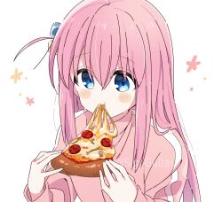 Rule 34 | 1girl, blue eyes, bocchi the rock!, breasts, commentary request, cube hair ornament, eating, food, gotoh hitori, hair between eyes, hair ornament, highres, jacket, large breasts, long hair, one side up, pink hair, pink jacket, pizza, shigure (sigre), solo, upper body, white background