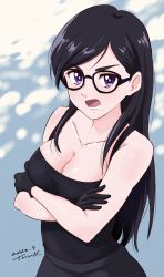 Rule 34 | 1girl, absurdres, angry, black-framed eyewear, black gloves, black hair, black pants, black shirt, breasts, cleavage, collarbone, crossed arms, dated, glasses, gloves, highres, large breasts, long hair, looking at viewer, minakata hizuru, mole, mole under mouth, open mouth, pants, purple eyes, shirt, signature, solo, summertime render, swept bangs, tank top, thick eyebrows, tsunemoku, upper body