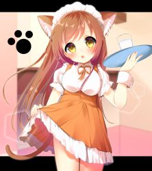 Rule 34 | 1girl, animal ears, bad id, bad pixiv id, blush, breasts, brown eyes, brown hair, cat ears, cat girl, cat tail, clothes lift, cup, drinking glass, holding, long hair, nufucha, open mouth, original, shirt, skirt, skirt lift, smile, solo, tail, tray, waitress, wrist cuffs