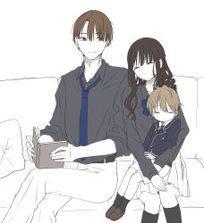 Rule 34 | 1girl, 2boys, absurdres, belt, black socks, blazer, blue bow, blue bowtie, blue jacket, blue necktie, book, bow, bowtie, brothers, brown footwear, brown hair, child, couch, enjou shuusuke, enjou yukino, grey shirt, highres, holding, holding book, jacket, kenkyo kenjitsu wo motto ni ikite orimasu, kisshouin reika, leaning on person, loafers, looking at another, multiple boys, necktie, on couch, pants, partially colored, shirt, shoes, siblings, sitting, sitting on lap, sitting on person, sleeping, socks, uma (zoe-182420), white pants, white shirt