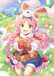 Rule 34 | 1girl, :d, animal hat, belt, blouse, blue shorts, blush, braid, brown eyes, cape, cloud, cloudy sky, commentary request, falling petals, flower, forest, full body, fur trim, gloves, grass, grasslands, hair flower, hair ornament, hairband, hat, highres, holding, holding flower, kneeling, looking at viewer, mimi (princess connect!), mountainous horizon, nature, open mouth, orange gloves, outdoors, parted bangs, petals, pink cape, pink footwear, pink hair, princess connect!, rabbit hair ornament, rabbit hat, red shirt, shirt, shoe soles, shorts, sky, smile, solo, takase kou, twin braids