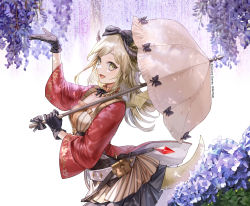 Rule 34 | 1girl, :d, absurdres, arm up, bad id, bad twitter id, black bow, black gloves, black skirt, blonde hair, bow, breasts, brown dress, cowboy shot, dress, fang, flower, from side, gloves, hair bow, highres, holding, holding umbrella, horns, hydrangea, jacket, kim eb, long hair, long sleeves, looking at viewer, manasis refrain, muel hartnett, official art, open clothes, open jacket, open mouth, purple flower, red jacket, sideways glance, skirt, smile, solo, standing, tail, umbrella, yellow eyes