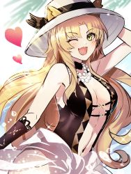 Rule 34 | 1girl, ;d, animal ears, arknights, arm up, bare shoulders, black gloves, black one-piece swimsuit, blonde hair, blush, breasts, casual one-piece swimsuit, center opening, cleavage, cowboy shot, day, ears through headwear, elbow gloves, fang, gloves, green eyes, hand on headwear, hat, heart, highres, jewelry, light rays, long hair, looking at viewer, medium breasts, navel, necklace, nicole (lion), official alternate costume, one-piece swimsuit, one eye closed, open mouth, outdoors, parted bangs, sarong, see-through, skin fang, smile, solo, stomach, sun hat, sunbeam, sunlight, swimsuit, swire (arknights), tiger ears, very long hair, white hat
