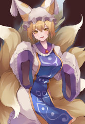 Rule 34 | 1girl, absurdres, animal ears, animal hat, blonde hair, blush, dress, fox ears, fox tail, hair between eyes, hat, highres, koizumo, looking at viewer, mob cap, multiple tails, open mouth, short hair, sleeves past fingers, sleeves past wrists, smile, solo, tabard, tail, touhou, white dress, white hat, wide sleeves, yakumo ran, yellow eyes