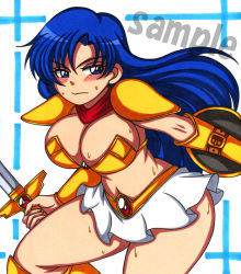Rule 34 | 1girl, arm shield, armor, armored boots, asou yuuko, bandana, bikini armor, blue eyes, blue hair, blush, boots, breasts, cleavage, closed mouth, gem, gold armor, holding, holding sword, holding weapon, knee boots, large breasts, long hair, metal, midriff, miniskirt, mochiya anko, mugen senshi valis, red bandana, red scarf, revealing clothes, sample watermark, scarf, shield, shoulder pads, skirt, sweat, sword, thighs, valis, vambraces, watermark, weapon, white skirt