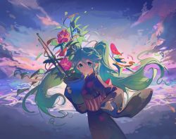 Rule 34 | 1girl, aqua eyes, baofandxy, black kimono, cowboy shot, floating hair, floral print, flower, from side, green hair, highres, holding, japanese clothes, kimono, long hair, looking at viewer, looking to the side, morning glory, morning glory print, obi, original, outstretched arm, plant, potted plant, sash, sky, solo, very long hair