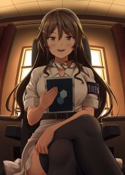 Rule 34 | 1girl, ashigara (kancolle), black thighhighs, blush, breasts, brown eyes, brown hair, collarbone, hair between eyes, hairband, highres, holding, ichikawa feesu, kantai collection, large breasts, long hair, looking at viewer, open mouth, short sleeves, sitting, solo, thighhighs, white hairband, window