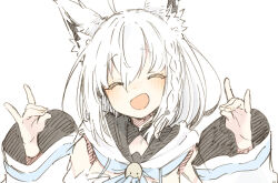 1girl :d abara_heiki ahoge animal_ear_fluff animal_ears blush braid closed_eyes double_fox_shadow_puppet facing_viewer fox_ears fox_shadow_puppet hair_between_eyes hololive long_hair long_sleeves open_mouth shirakami_fubuki shirakami_fubuki_(1st_costume) simple_background smile solo virtual_youtuber white_background white_hair wide_sleeves