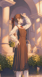 Rule 34 | 1girl, arm up, black dress, black eyes, black hair, breasts, closed mouth, collared shirt, column, dress, evening, hair ribbon, hand on own hip, hand to forehead, hiera12, highres, leaf, long hair, long sleeves, looking ahead, medium breasts, neck ribbon, original, outdoors, pillar, pinafore dress, pleated dress, ponytail, red ribbon, ribbon, shirt, sidelocks, sleeveless dress, solo, standing, watering can, white shirt