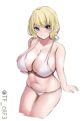 Rule 34 | 1girl, alternate costume, bare shoulders, bikini, blonde hair, blue eyes, blush, breasts, cleavage, colorado (kancolle), commentary request, cowboy shot, cropped legs, grin, highres, kantai collection, large breasts, medium hair, navel, one-hour drawing challenge, simple background, smile, solo, swimsuit, tf cafe, twitter username, white background, white bikini