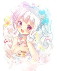 Rule 34 | 1girl, :d, animal ears, bear ears, bee, blush, bow, breasts, bug, choker, cleavage, copyright request, double v, fang, floral background, gloves, hair bow, half gloves, honeypot, insect, long hair, looking at viewer, mitsumomo mamu, open mouth, purple eyes, silver hair, skin fang, smile, solo, sparkle, twintails, upper body, v, white gloves