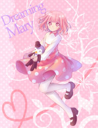 Rule 34 | 1girl, artist name, black footwear, blunt bangs, commentary, copyright name, doll, dreaming mary, english commentary, full body, high-waist skirt, long sleeves, looking at viewer, mary (dreaming mary), monotsuki, pantyhose, pink eyes, pink hair, pink skirt, polka dot, polka dot skirt, shirt, shoes, short hair, skirt, smile, solo, sparkling eyes, stuffed animal, stuffed penguin, stuffed toy, white pantyhose, white shirt