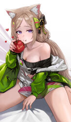 Rule 34 | 1girl, absurdres, aki rosenthal, aki rosenthal (gaming casual), animal ear fluff, animal ears, anizi, black shirt, blonde hair, bow, breasts, cat ears, cleavage, cropped shirt, eating, food, fruit, green jacket, hair bow, highres, holding, holding food, holding fruit, hololive, jacket, long hair, looking at viewer, low twintails, medium breasts, no bra, off-shoulder shirt, off shoulder, official alternate costume, official alternate hairstyle, overall skirt, overalls, parted bangs, shirt, single bare shoulder, skirt, solo, twintails, two-sided fabric, two-sided jacket, virtual youtuber, white overalls, white skirt