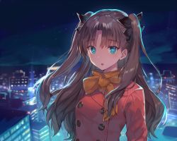 Rule 34 | 1girl, :o, arms at sides, black ribbon, blue eyes, breasts, brown hair, buttons, city, cityscape, coat, double-breasted, fate/stay night, fate (series), hair ribbon, highres, long hair, looking at viewer, medium breasts, momoko (momopoco), night, orange scarf, outdoors, red coat, ribbon, scarf, sky, solo, star (sky), starry sky, tohsaka rin, twintails, two side up, upper body