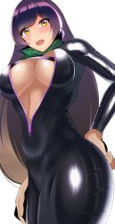 Rule 34 | 1girl, biker clothes, bikesuit, black bodysuit, bodysuit, breasts, brown hair, center opening, cleavage, commentary request, cowboy shot, cross-laced clothes, gradient hair, green scarf, hand on own hip, highres, hijiri byakuren, latex, latex bodysuit, light brown hair, long hair, long sleeves, medium breasts, multicolored hair, open mouth, purple hair, scarf, shiny clothes, simple background, skin tight, touhou, turbo byakuren, two-tone hair, unzipped, volyz, white background, yellow eyes, zipper, zipper pull tab