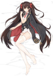 Rule 34 | 1girl, bed sheet, belt, belt buckle, belt pouch, blush, breasts, brown eyes, brown hair, buckle, cape, cleavage cutout, closed mouth, clothing cutout, darcy (pixiv11949485), unworn footwear, full body, girls&#039; frontline, gloves, unworn gloves, hair between eyes, hair ribbon, highres, long hair, lying, necktie, panda, pouch, qbz-97, ribbon, sidelocks, skirt, small breasts, smile, solo, thighhighs, thighs, twintails, type 97 (girls&#039; frontline), very long hair, white thighhighs