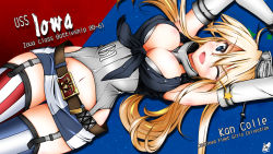 Rule 34 | 10s, 1girl, adosan, arms up, belt, blonde hair, blue eyes, breasts, character name, cleavage, cowboy shot, elbow gloves, garter straps, gloves, headgear, highres, iowa (kancolle), kantai collection, large breasts, long hair, looking at viewer, microskirt, mikuri ouda, navel, one eye closed, open mouth, skirt, smile, solo, star-shaped pupils, star (symbol), striped clothes, striped thighhighs, symbol-shaped pupils, thighhighs, wallpaper, white gloves
