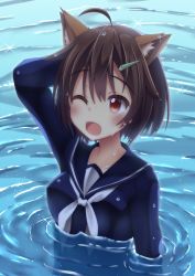 Rule 34 | 10s, 1girl, ;d, ahoge, animal ear fluff, animal ears, bad id, bad pixiv id, blush, brave witches, brown eyes, brown hair, collarbone, commentary request, hair ornament, hairclip, hand on own head, karibuchi hikari, matching hair/eyes, one-piece swimsuit, one eye closed, open mouth, partially submerged, ribbon, school swimsuit, school uniform, serafuku, short hair, smile, solo, sparkle, squirrel ears, star (symbol), swimsuit, uniform, water, water drop, wet, wet hair, white ribbon, world witches series, yukomiduki