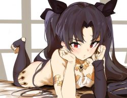 Rule 34 | 1girl, armlet, ass, black hair, black ribbon, black thighhighs, bloop (archives), breasts, cleavage, detached sleeves, downblouse, earrings, fate/grand order, fate (series), feet up, hair ribbon, head rest, heavenly boat maanna, hoop earrings, ishtar (fate), jewelry, legs up, long hair, looking at viewer, lying, medium breasts, on stomach, over-kneehighs, pout, red eyes, ribbon, single detached sleeve, solo, the pose, thighhighs, toeless legwear, toes, two side up