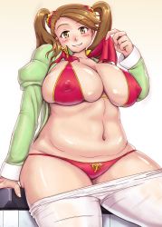 Rule 34 | 10s, 1girl, belly, blush, breasts, brown eyes, brown hair, cleavage, covered erect nipples, female focus, gundam, gundam build fighters, gundam build fighters try, hair ornament, huge breasts, long hair, looking at viewer, open clothes, orizen, plump, puffy nipples, sazaki kaoruko, see-through, shiny skin, sitting, smile, solo, swimsuit, thick thighs, thighs, twintails, wide hips