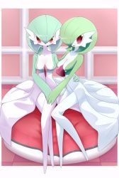 Rule 34 | 2girls, arm around waist, artist name, bob cut, border, breasts, closed mouth, collarbone, colored skin, creatures (company), crossed legs, cushion, female focus, full body, game freak, gardevoir, gen 3 pokemon, green hair, green skin, hair between eyes, hair over one eye, hand on another&#039;s hand, happy, highres, indoors, knees together feet apart, looking at viewer, medium breasts, multicolored skin, multiple girls, neichii, nintendo, one eye covered, open mouth, outside border, pokemon, pokemon (creature), red eyes, short hair, signature, sitting, smile, split mouth, two-tone skin, white border, white skin, yuri