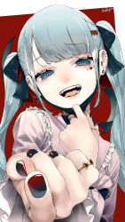 Rule 34 | 1girl, absurdres, aqua eyes, aqua hair, bandaid, bandaid on neck, black nails, black ribbon, commentary, earrings, facial mark, fangs, foreshortening, framed, frilled shirt, frills, furrowed brow, hair ornament, hair ribbon, half-closed eyes, hatsune miku, head tilt, heart, heart hair ornament, highres, jewelry, long hair, long sleeves, looking at viewer, mask, mask pull, unworn mask, mouth mask, nail polish, open mouth, pink shirt, red background, ribbon, ring, rsk (tbhono), shirt, signature, smile, solo, symbol-only commentary, twintails, upper body, vampire (vocaloid), vocaloid