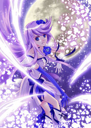 Rule 34 | 10s, 1girl, asymmetrical clothes, blue eyes, blue flower, blue rose, boots, bow, brooch, choker, cure moonlight, dress, elbow gloves, eyelashes, female focus, flower, gloves, gradient background, heart, heart brooch, heartcatch precure!, jewelry, long hair, magic, magical girl, moon, outdoors, petals, plant, precure, purple hair, purple theme, ribbon, rio ayas, rose, serious, single elbow glove, single glove, sky, solo, sparkle, tsukikage yuri, waist bow, wrist cuffs