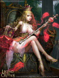 Rule 34 | 1girl, blonde hair, book, braid, breasts, cleavage, crown, dated, green eyes, high heels, jewelry, legend of the cryptids, crossed legs, lips, lots of jewelry, magic, necklace, official art, open shoes, scepter, shadowgrave, sitting, skull, solo, throne