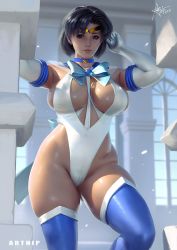 Rule 34 | 1girl, 2021, adapted costume, alternate breast size, artist name, artnip, bishoujo senshi sailor moon, blue choker, blue eyes, blue hair, blue thighhighs, breasts, cameltoe, choker, circlet, covered erect nipples, curvy, earrings, elbow gloves, female focus, gloves, highleg, highleg swimsuit, jewelry, large breasts, looking at viewer, matching hair/eyes, mizuno ami, one-piece swimsuit, paid reward available, revealing clothes, sailor mercury, short hair, signature, skindentation, solo, standing, swimsuit, thick thighs, thighhighs, thighs, white gloves, wide hips